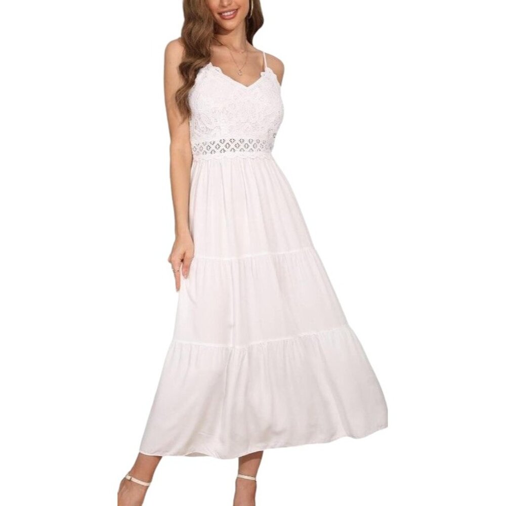 Crochet and lace top v neck delicate adjustable straps tiered maxi dress